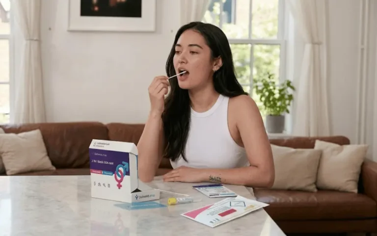 Een jonge vrouw neemt thuis een wattenstaafje monster af voor de Onlinelab.shop 2 IN 1 Basis SOA-test.